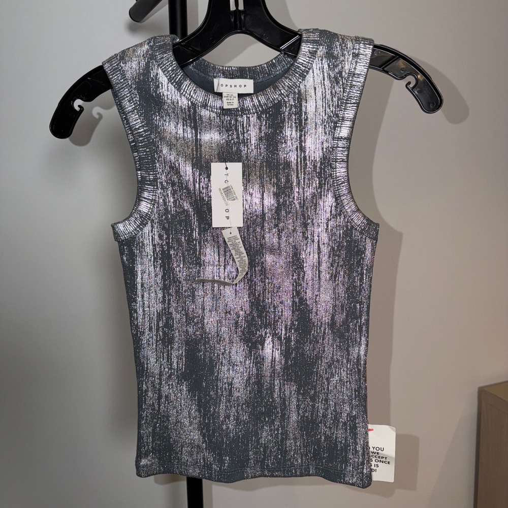 Topshop Womens Metallic Silver Foil Ribbed Knit Tank Top Crew Neck XS NWT